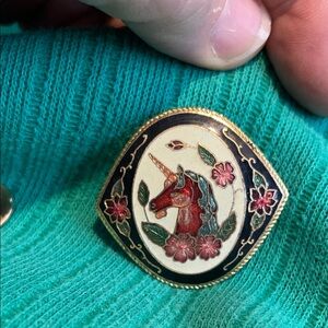 Vintage Gold tone and Pink cloisonné Unicorn scarf clip and post earrings